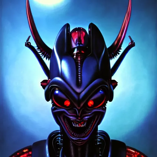 Prompt: UHD photorealistic studio portrait of a cyborg Devil with hyperrealistic Devil wings, futuristic robot devil, exotic alien features, robotic enhancements, Tim Hildebrandt, Wayne Barlowe, Bruce Pennington, donato giancola, larry elmore, Lisa Frank, masterpiece, trending on artstation, , cinematic composition, dramatic pose, studio lighting, sharp, crisp detail, hyper-detailed