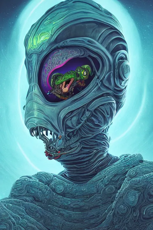 Prompt: rick and morty fused with lovecraft and vader helmet dune worm, realistic portrait, high details, intricate details, by vincent di fate, artgerm julie bell beeple, 90s, Smooth gradients, octane render, 8k, volumetric lightning, photo, High contrast, duo tone, depth of field, very coherent symmetrical artwork