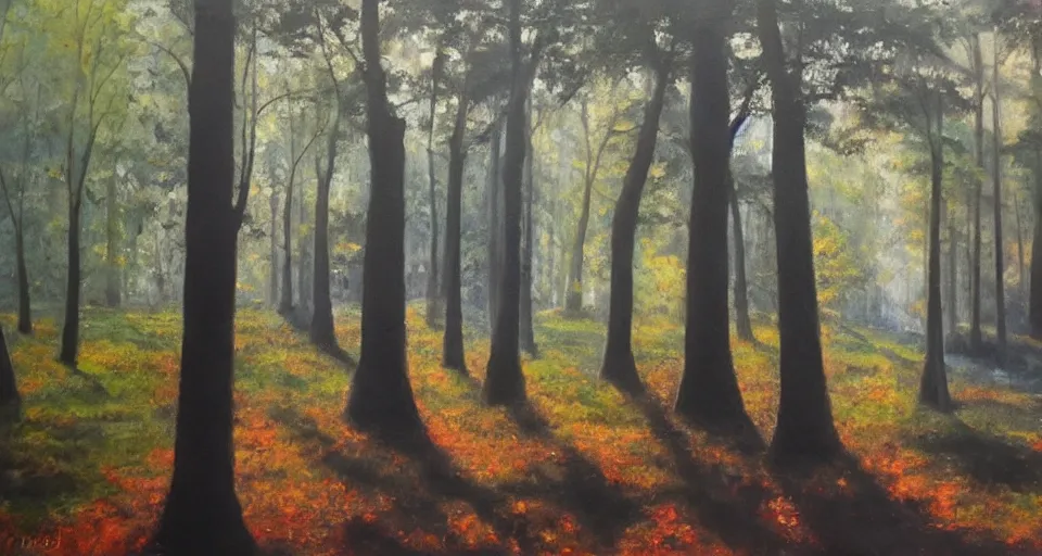 Image similar to a forest made of stone pillars instead of trees, God rays, beautiful painting, oil on canvas, by Ewa Czarniecka, award winning masterpiece,