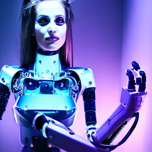 Image similar to a beautiful and seductive robot android woman with long flowing hair and bright makeup sings on stage in a dimly lit futuristic nightclub. twilight zone, dark city inspired realistic gritty award winning photographic portrait single point lighting