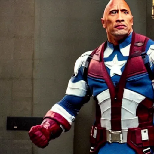 Prompt: dwayne the rock johnson in a captain america costume in a church