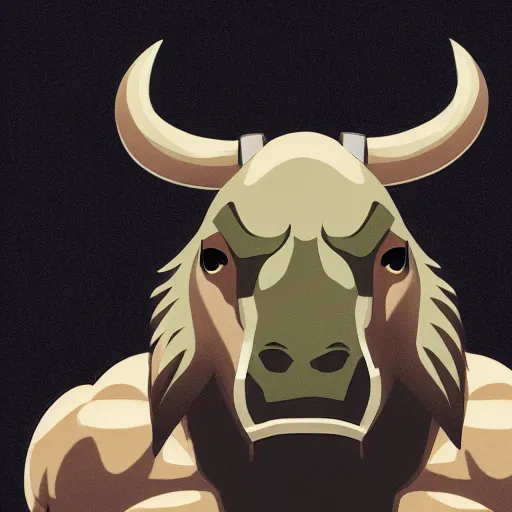 Image similar to bull headed muscular man by studio ghibli, digital art, sharp focus, 4 k, ambient lighting, foggy