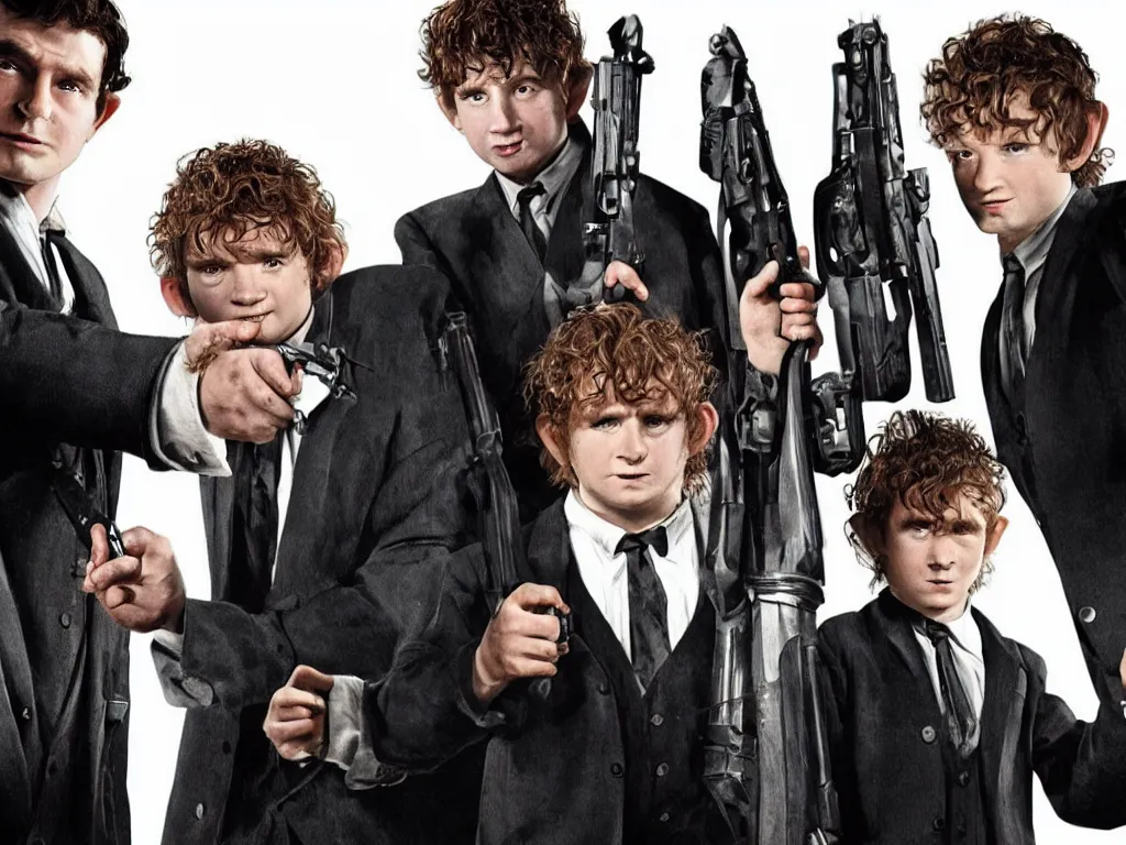 Prompt: hobbits as men in black