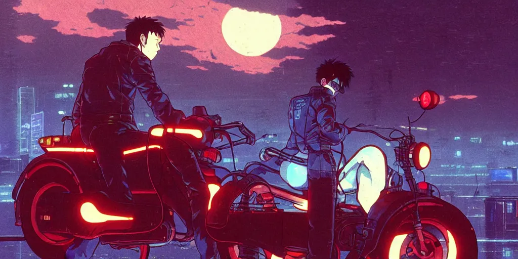 Image similar to twilight lighting, moody, atmospheric, solarpunk, kaneda and his motorcycle from akira, rainy, in the art style of neon genesis : evangelion, 8 0 s anime style, by ghibli studio and victor ngai, ghost in the shell art style, akira artstyle, pixar highly detailed, 8 k h 5 7 6