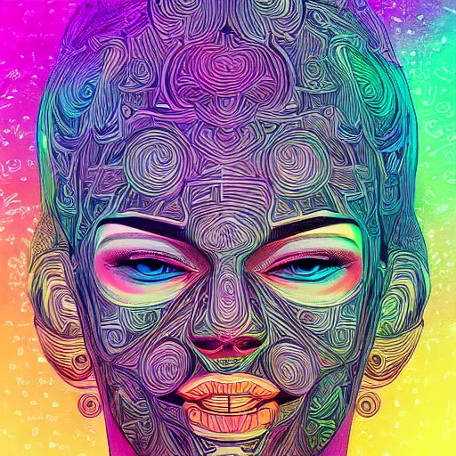 Image similar to the head of a beautiful woman partially made of rainbows, an ultrafine detailed illustration by james jean, final fantasy, intricate linework, bright colors, behance contest winner, vanitas, angular, altermodern, unreal engine 5 highly rendered, global illumination, radiant light, detailed and intricate environment