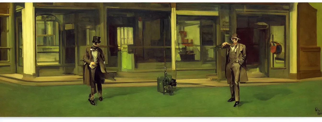 Prompt: steampunk time traveller on a green background by edward hopper high contrast