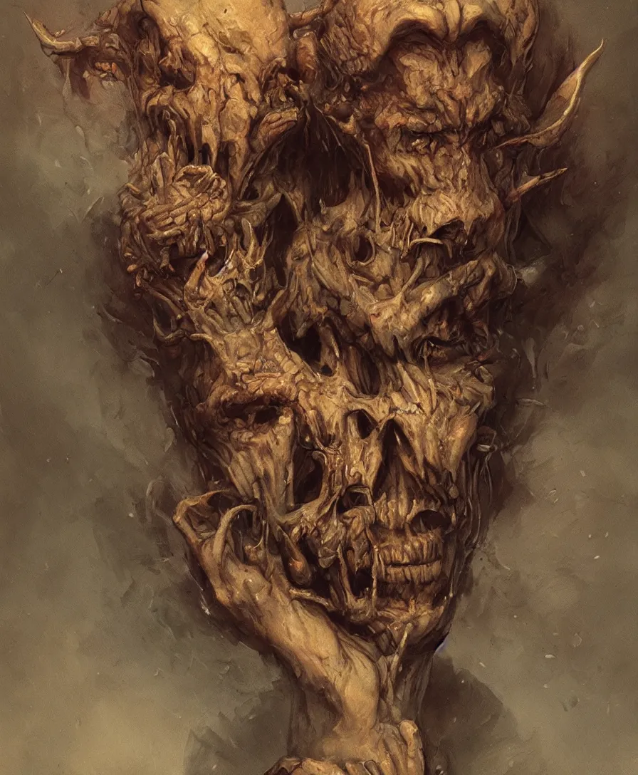 Image similar to bust portrait close up devil holding skull on hand, illustrated by Simon Stålenhag and Gaston Bussiere, intricate, ultra detailed, photorealistic, trending on artstation