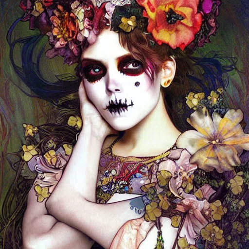 Prompt: realistic detailed painting of a cute punk Día de los Muertos girl by Mario Testino Alphonse Mucha Ayami Kojima Amano Charlie Bowater, masterpiece