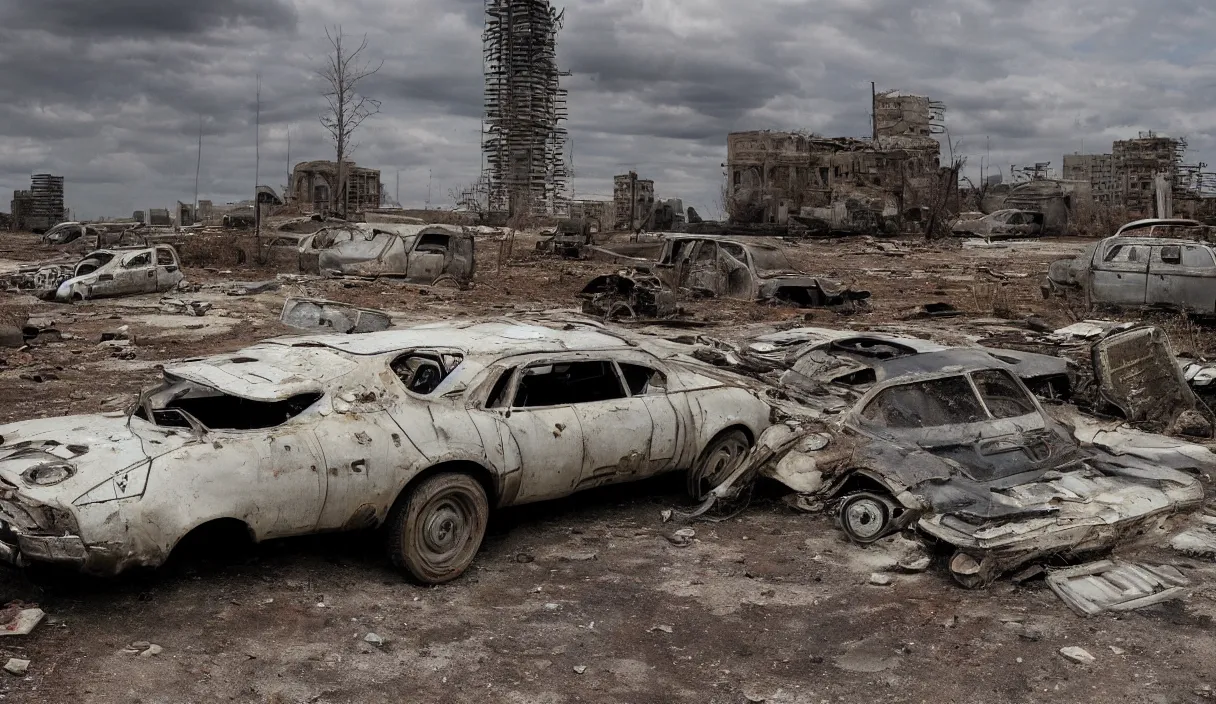 Image similar to a post apocalyptical car abandoned in a wasteland, max max style, low angle view