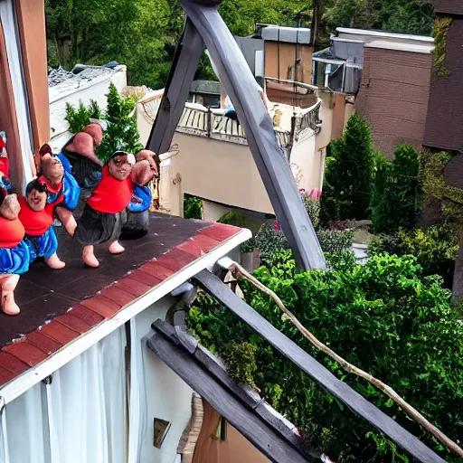 Image similar to some dwarfs are making some backyard somersault from a balcony, photography