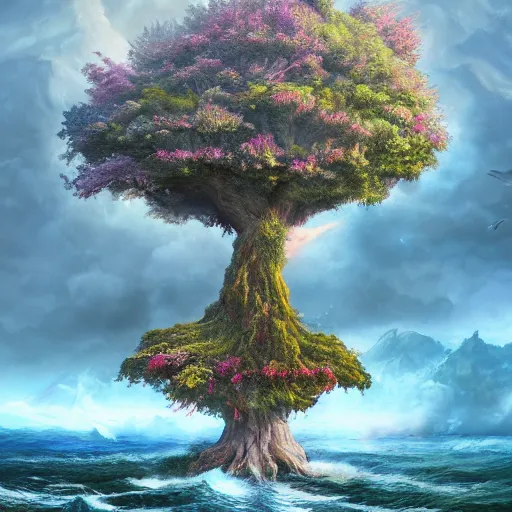 Image similar to a hyperdetailed matte painting of a german romantic tree emerging from an oceanographic landscape, magic realism painting, trending on artstation