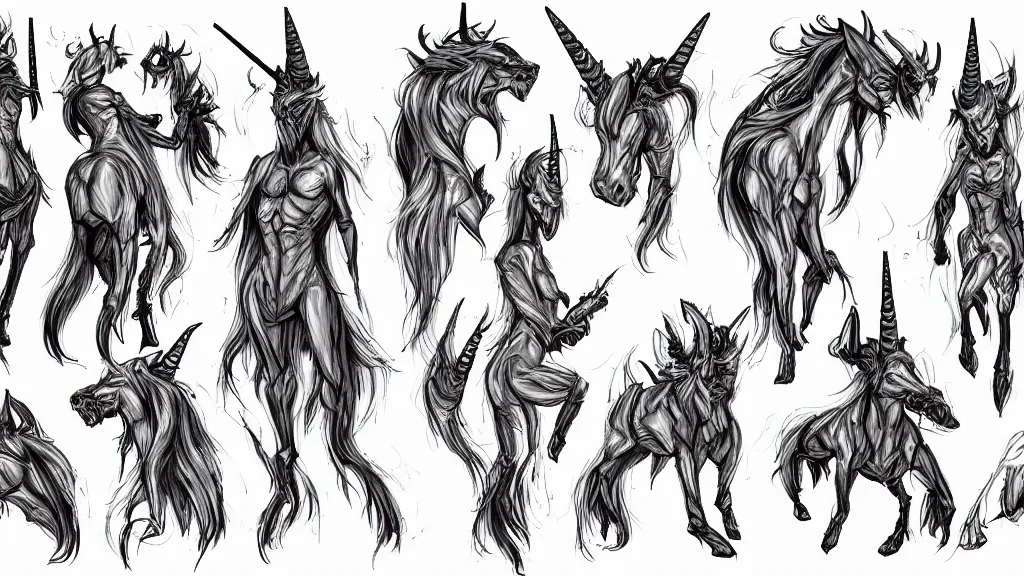 Image similar to a demonic unicorn character design sheet, trending on artstation