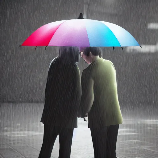 Prompt: umbrella under a heavy rain, a couple under the umbrella, a rainbow between the couple, high contrast, the background is very dark, unreal engine 5, artstation winner, 8k, octane render