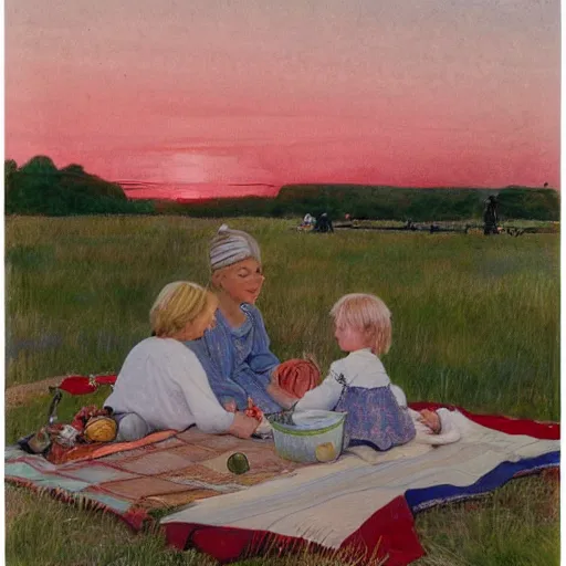 Image similar to a nine year old blonde girl and her two parents sit on a blanket at the beach and watch through sun go down in the style of Carl larsson