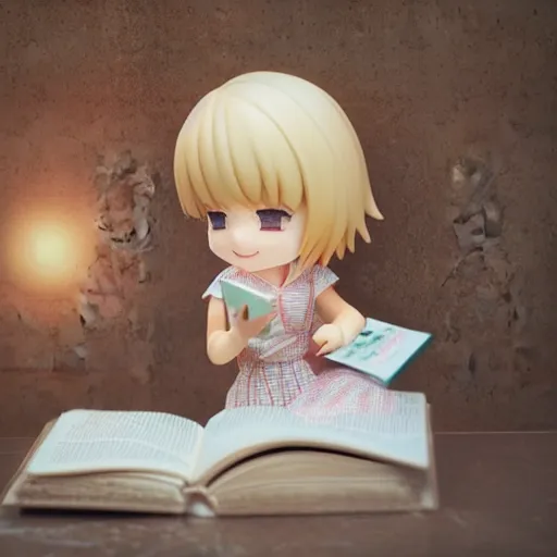Prompt: full body portrait of a happy blonde nendoroid anime girl with long hair, in a cute dress, reading a book, depth of field, detailed store environment as background, 8 k resolution, hyperrealistic, octane render