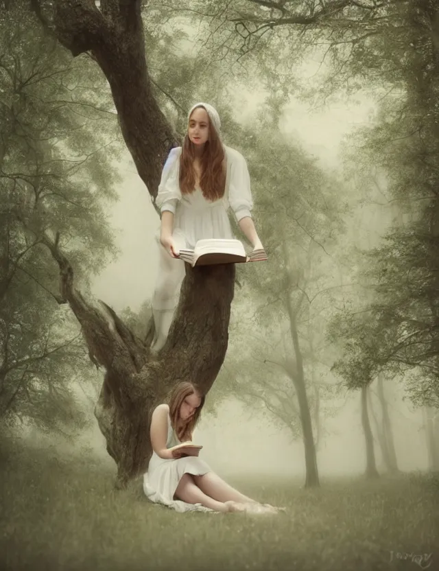 Image similar to Girl in white reading a book sitting on a tree in a foggy forest, Cinematic focus, Polaroid photo, vintage, neutral colors, soft lights, by Steve Hanks, by Serov Valentin, by lisa yuskavage, by Andrei Tarkovsky 8k render, detailed, oil on canvas