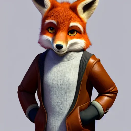 Image similar to 3 d render, portrait, anthropomorphic fox, male, in a brown leather maxi jacket, in the style of zootopia, closeup