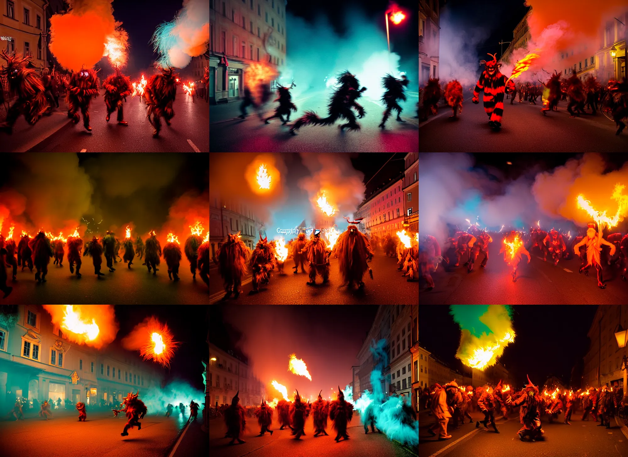 Prompt: kodak portra 4 0 0, macro, award winning dynamic vivid atmospheric photograph of hundreds of hazardous krampus, pelzebug, devils, by robert capas, in muted colours, striped orange and teal, motion blur, on a street in salzburg at night with colourful exploding pyro fire and torches, narrow shot, running fast towards the camera