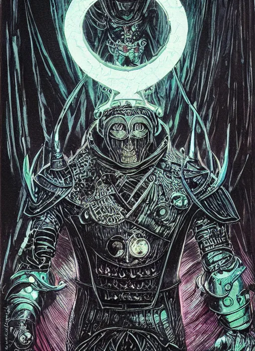 Image similar to emon knight in eldritch armor, blacklight poster on black paper, beautifully symmetrical, high detail render, by bernie wrightson greg rutowsk james jean