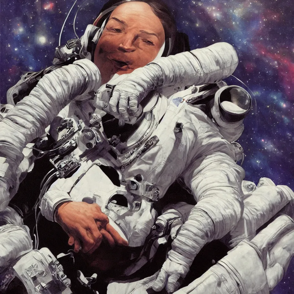 Prompt: astronaut with headphone playing keyboard, illustrated by alex ross