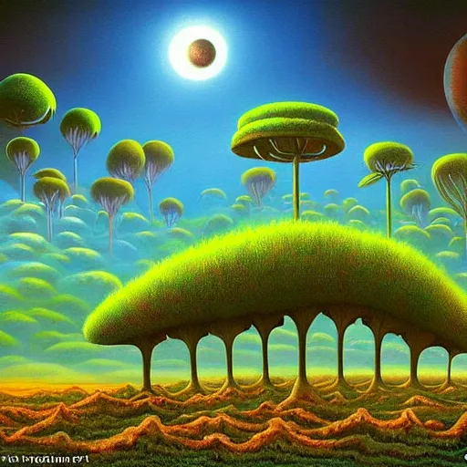 Image similar to surrealistic painting of cannabis dense bushes on alien planet, colourful morning, by vladimir kush