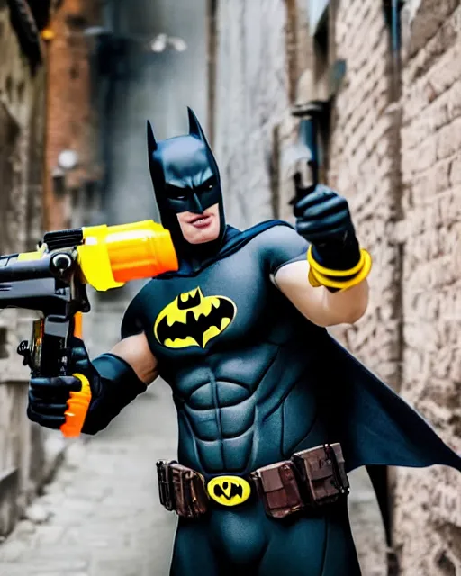 Image similar to happy batman firing super soaker water gun at playful criminals in an alleyway, everyone having fun, product advertisement, photogenic photograph