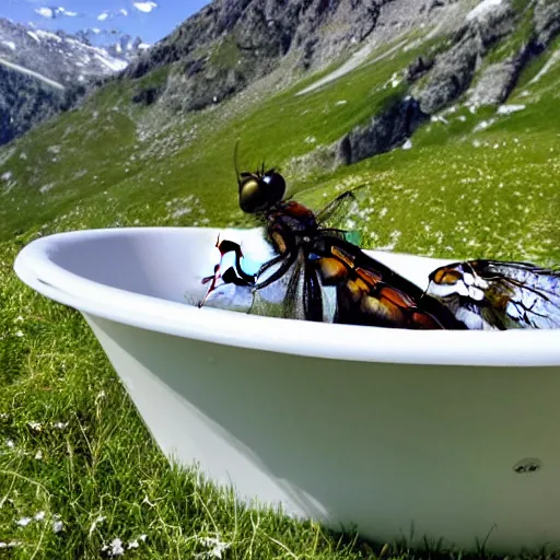 Image similar to dragonfly in a bathtub in the alps, goats!! in background