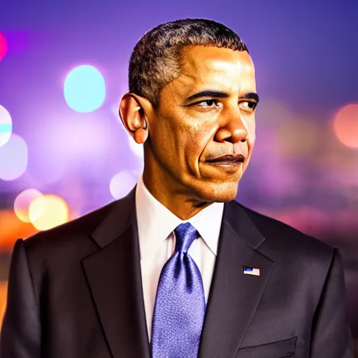 Image similar to a still of Barak Obama. Shallow depth of field. City at night in background, lights, colors ,studio lighting, mood, 4K. Profession photography