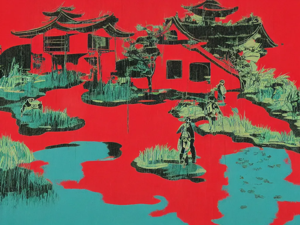 Image similar to close - up image of a red house with a pond, with stormtroopers sitting around it, a combination of pop - art and traditional japanese painting styles, the style of andy warhol, roy lichtenstein and jackie tsai, bright palette, acrylic on canvas