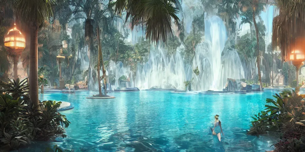 Prompt: beautiful pool waterfalls surrounded by palm trees, moroccan tile archways, industrial buildings, ivory towers, sun setting, ross tran, fantasy, james jean, peter morbacher, angelarium, alchemy, luxury, heavenly light, soft illumination, trending on artstation, cinematic lighting, digital painting, octane render, artgerm