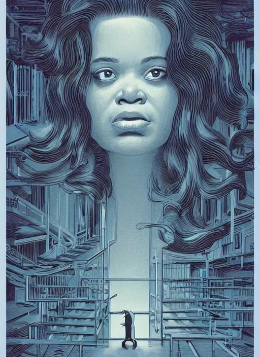 Prompt: poster artwork by Michael Whelan and James Jean, of Octavia Spencer has a invisible shadow man's voice in her head, reality is a labyrinth parking lot, psychological thriller from scene from Twin Peaks, clean, simple illustration, nostalgic, domestic, full of details