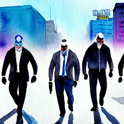 Image similar to A watercolor painting of Dallas from Payday 2, Jerma, JC Denton and Dwayne The Rock Johnson walking down a road. The sun is rising in the back, trending on artstation, very detailed