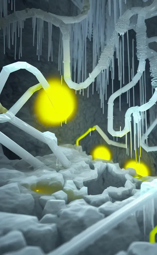 Image similar to liquid nitrogen with yellow water-cooling coolant flowing through latent representations of dark ice caverns undergoing centrifugal forces, illuminated by computer circuitry sticking out the walls, high detail, high contrast, low-poly elements, 90s low poly render, 4k upscaling