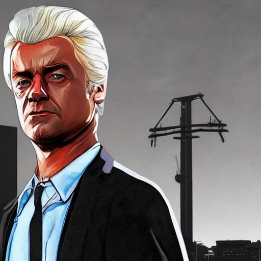 Prompt: Geert Wilders in GTA V, cover art by Stephen Bliss, artstation, no text