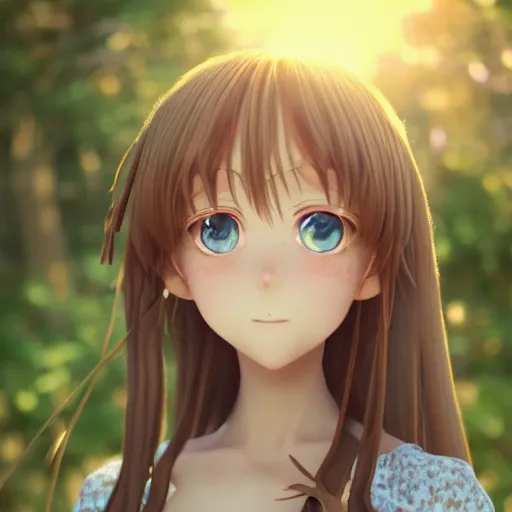 Prompt: Render of a very beautiful 3d anime girl, long hair, hazel eyes, cute freckles, full round face, short smile, cute sundress, golden hour, forest setting, medium shot, mid-shot, highly detailed, trending on Artstation, Unreal Engine 4k