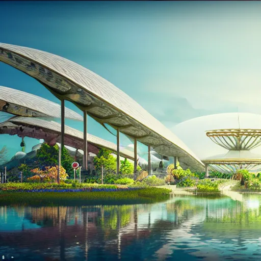 Image similar to expo 6 7 pavillion, solarpunk, studio ghibli, jean - baptiste monge, octane render, 4 k, symmetry