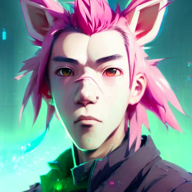 Image similar to a beautiful headshot portrait of a handsome anime male boy with pink hair and pink wolf ears and green eyes wearing cyberpunk clothes. character design by cory loftis, fenghua zhong, ryohei hase, ismail inceoglu and ruan jia. artstation, volumetric light, detailed, photorealistic, fantasy, rendered in octane