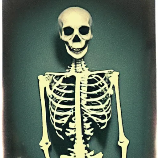 Image similar to A creepy polaroid photo of skeleton like billie eilish chasing you down a hallway with sharpy teeth