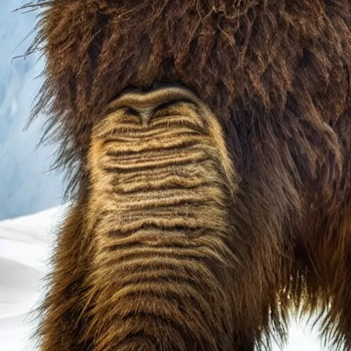 Prompt: “national geographic photo of a newly-discovered creature which lives at the highest peaks of the Himalayas, the creature is a cross between a woolly mammoth and a Neanderthal man, the background is a forest at the top of a mountain, the lighting is like dusk, hyper realistic photographic portrait of the creature, extreme close-up detail of its face which looks like a hybrid mammoth and human, with piercing blue eyes and protruding teeth”