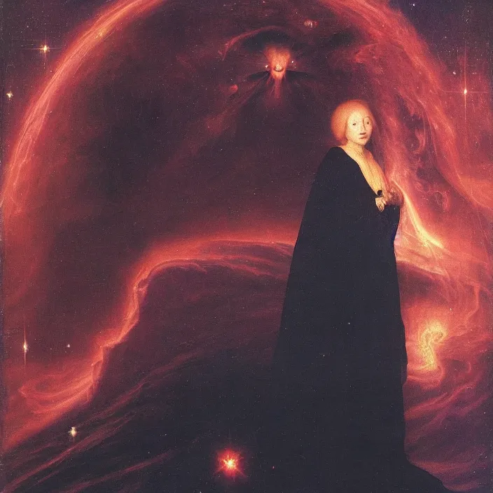 Prompt: a closeup portrait of a cloaked woman floating next to a goblin nebula, goblin nebula, by jan van eyck