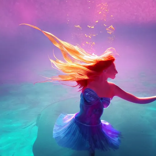 Image similar to woman dancing underwater wearing a flowing dress made of blue, magenta, and yellow seaweed, delicate coral sea bottom, swirling silver fish, swirling smoke shapes, cinema 4 d render, caustics lighting from above, cinematic, hyperdetailed