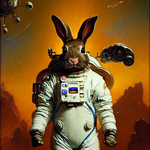 Image similar to portrait of a bunny rabbit rodent wearing a space suit. shadowrun furaffiniy cyberpunk fantasy highly detailed painting by gaston bussiere craig mullins jc leyendecker gustav klimt artgerm greg rutkowski john berkey, bergey, craig mullins, ruan jia, raymond swanland, jeremy mann, tom lovell, alex malveda