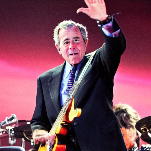 Image similar to george bush as a rockstar performing at his concert, award winning concert photography