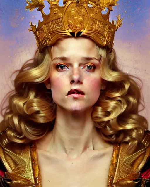 Prompt: portrait of a beautiful french queen with golden crown, beautiful symmetrical face, determined eyes, blonde hair, goldish, fantasy, regal, by stanley artgerm lau, greg rutkowski, thomas kindkade, alphonse mucha, loish, norman rockwell.