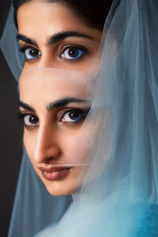Prompt: Ameera al-Taweel portrait, beautiful female face, straight hair, blue eyes, transparent veil on face, cinematic lighting, hyper-detailed, 8k, high resolution, by Steve McCurry