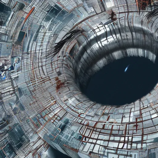 Image similar to wide shot of black hole within a city, esao andrews, m. w. kaluta, john berkey, hyperrealistic, cold colors, day scenery, 3 d octane render, 4 k, conceptart, hyperdetailed, hyperrealistic, trending on artstation