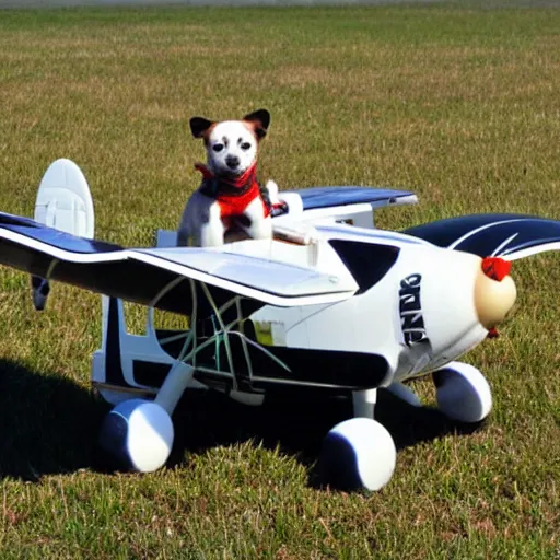 Prompt: biplane flying, piloted by 3 dogs, toy fox terrier breed, dog pilots, black and white spots, panting