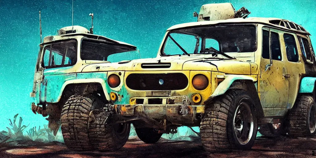 Image similar to digital illustration of a futuristic faded cyan mad max's fj 4 0 decrepit!!!! pursuit special, rusty!!! cyberpunk nissan fj cruiser heavily modded 1 9 9 0 s, the last v 8 interceptor by makoto shinkai, ilya kuvshinov, lois van baarle, rossdraws, basquiat