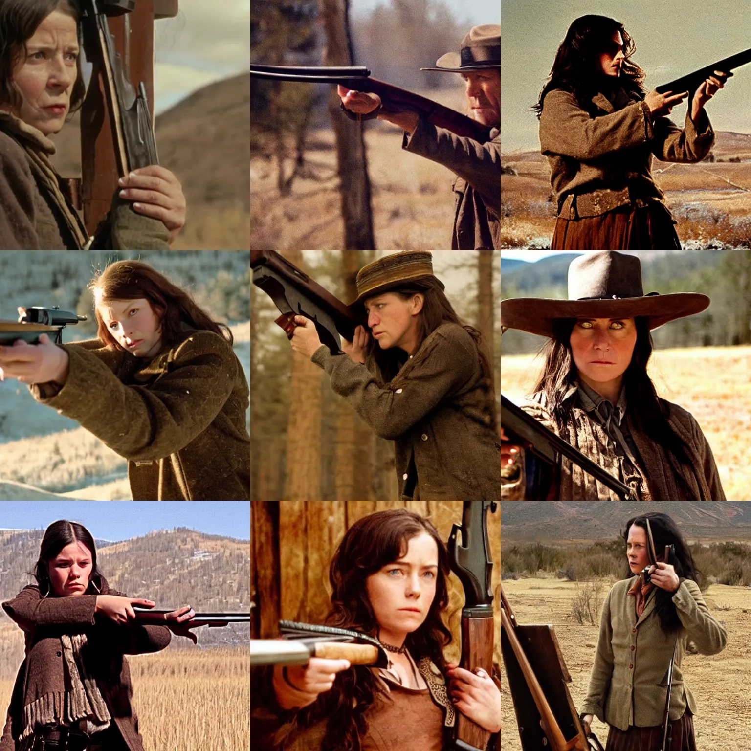 Prompt: Mattie Ross holding a shotgun, film still from True Grit (2010)