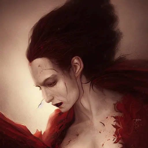 Image similar to portrait of a vampire woman, sad, cry, gloomy, blood, fire, intricate, elegant, highly detailed, digital painting, artstation, concept art, matte, sharp focus, illustration, octane render, unreal engine, art by aenaluck and roberto ferri and greg rutkowski, epic fantasy, digital painting